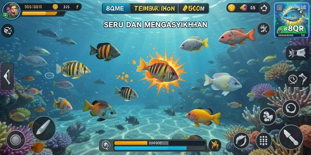 Tangkapan layar gameplay 8QR menampilkan aksi tembak ikan yang seru.