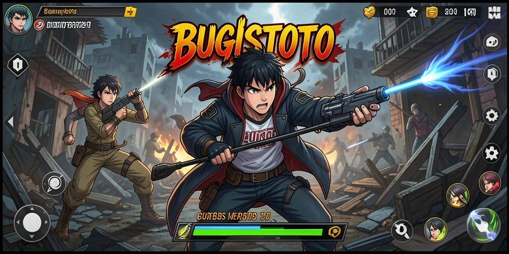 Tampilan gameplay BUGISTOTO dengan aksi karakter anime.