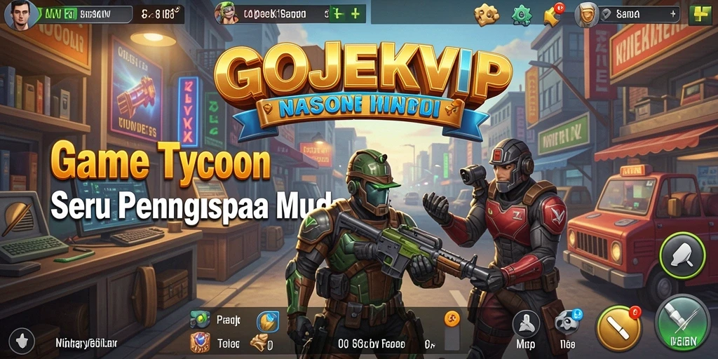 Tampilan gameplay GOJEKVIP dengan simulasi bisnis Tycoon.