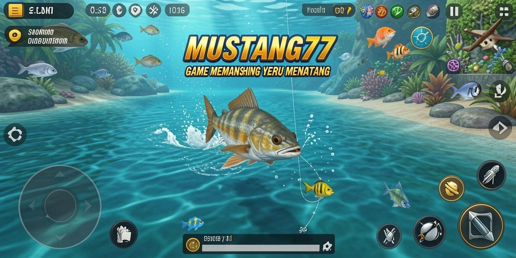 Screenshot gameplay MUSTANG77 dengan aksi memancing yang mendebarkan.