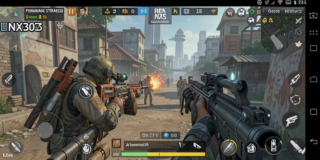 Screenshot gameplay NX303 menampilkan pertarungan strategis dan aksi mendebarkan.