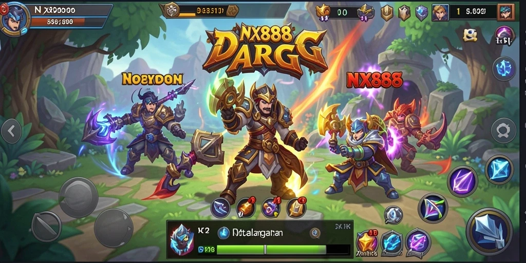 Screenshot gameplay NX888 menunjukkan aksi pertempuran yang intens dan visual yang menakjubkan.