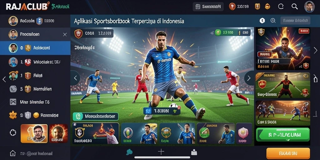Tampilan antarmuka aplikasi RAJACLUB dengan fitur Sportsbook.