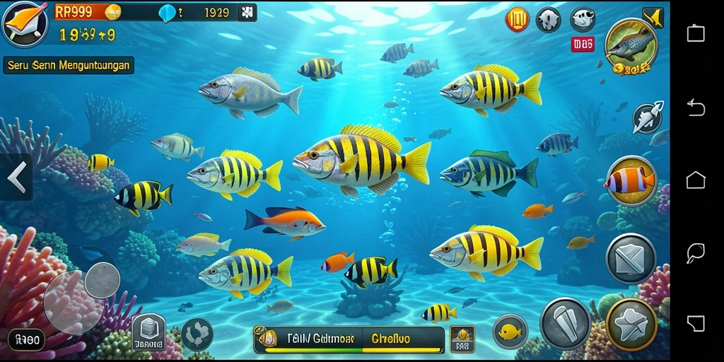 Screenshot menunjukkan aksi seru menembak ikan dalam RR999.