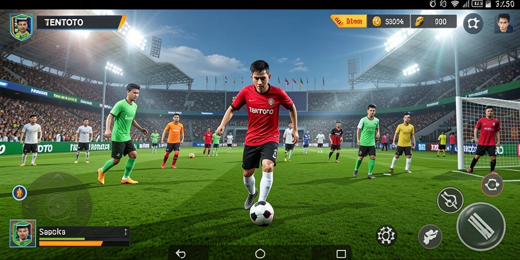 Screenshot gameplay TENTOTO yang menunjukkan aksi sepak bola yang intens.