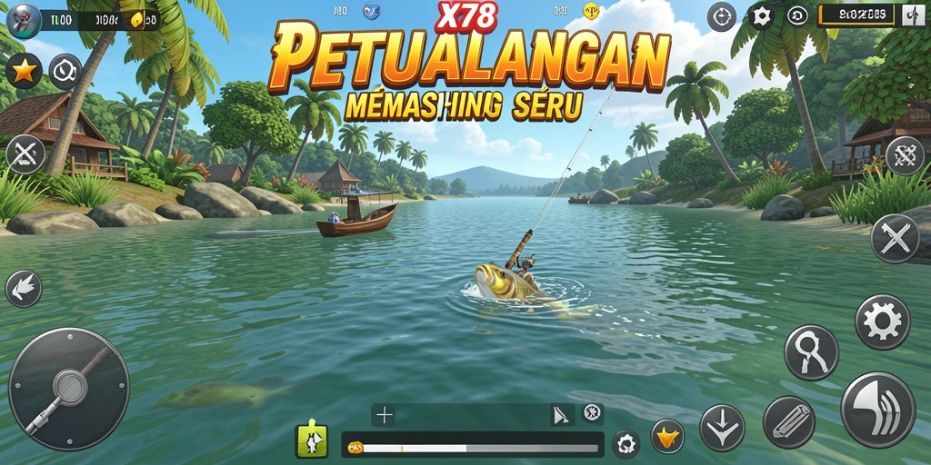 Skrinsut gameplay X78 yang menunjukkan aksi memancing yang seru.